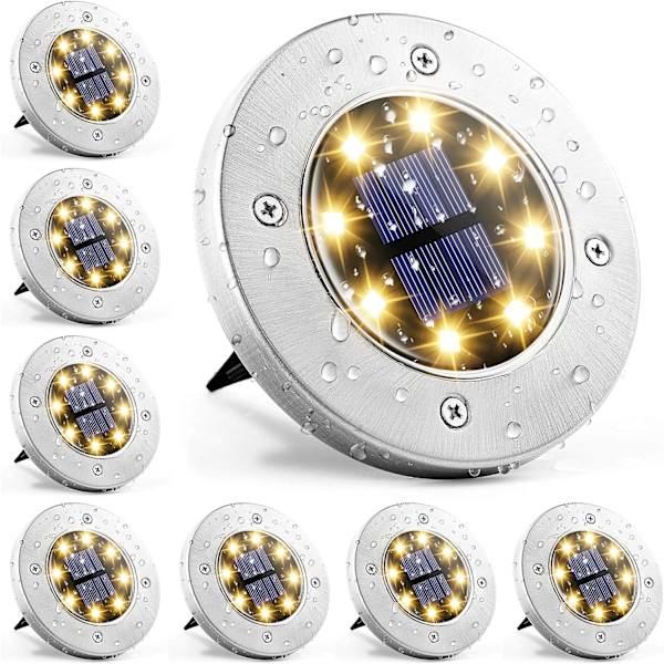 Solcelledrevne bakkelykter, 8 LED solcelledrevne skivebelysning utendørs vanntett landskapsbelysning (8, varm hvit)