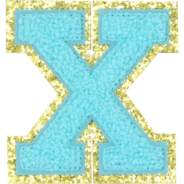 Engelska bokstaven X Stryk på reparationslappar Alfabetsömnad Applikationer Klädmärken, med guldglitterkant, självhäftande bakdekal（Blå X）XBlå