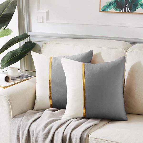 2 Pakker Grå Dekorative Pynteputer Trekk 18x18 Tommer for Stue Sofa Seng, Fløyel Lappeteppe med Gull Lær, Luksuriøs Moderne 45x45 cm