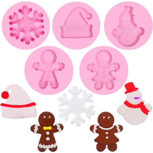 Christmas Gingerbread Man Fondant Form, 5 förpackningar med snöflinga, tomte, julmössa Molds för bakning