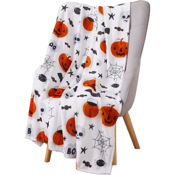 Halloween Blanket Throw: Fuzzy Boo! Jack O'Lantern Spider Webs skalle och svarta katter print på sammetsfleece för bäddsoffa Soffa stol sovsal