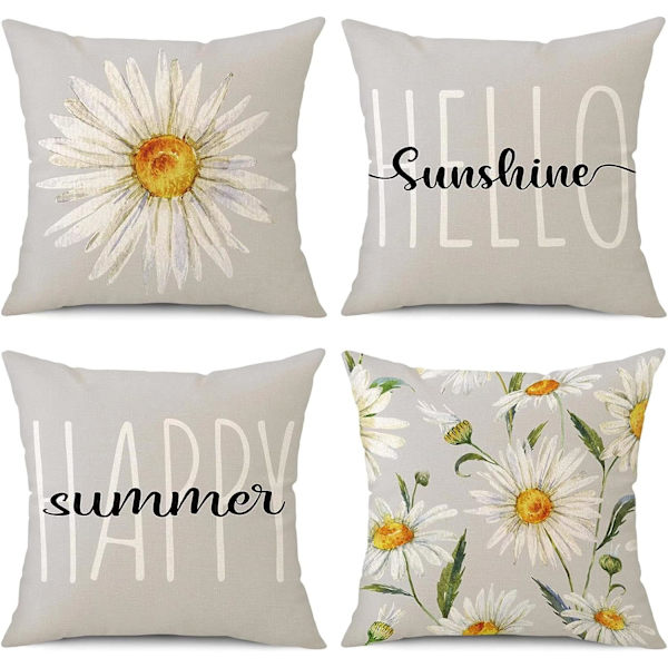 Sommerputetrekk 18x18 Sett med 4 Gårdshus Pynteputer i Lin Blomstermønster Dekorativt Putetrekk for Sofa Seng Utendørs (18\" x 18\", Grå)
