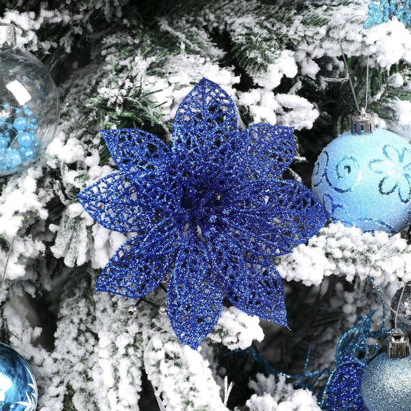 Heyone 10 st blå glittrande julstjärneblommor julgransprydnader, glittrande julstjärnebuskar juldekorationer