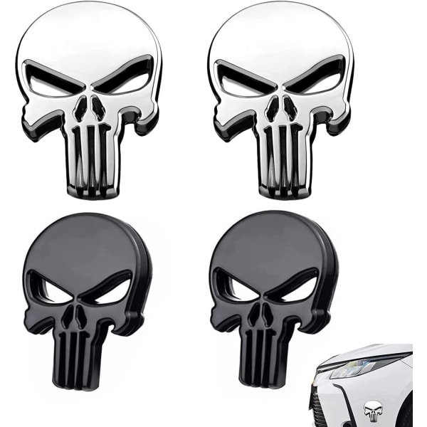 Pieces 3D-metalldekaler för fordon, Skull Punisher Motorcykelfordonsdekal, Silver och svart Punisher-dekal för dekoration av bilar, lastbilar