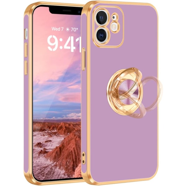 iPhone 12 cover, iPhone 12 cover med 360° ringholder, slank støttefod, magnetisk understøttelse til bilmontering, iPhone 12 6,1 tommer, lilla/guld