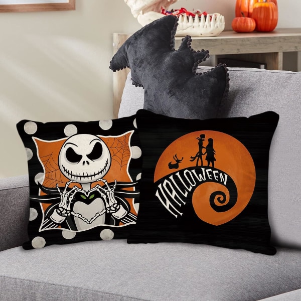 Halloween Nigh.tmare Befo.re Juldekorativa kuddfodral 18 x 18 Set med 4, Jack Skeleton Sally Skeleton Ghost Boo Case