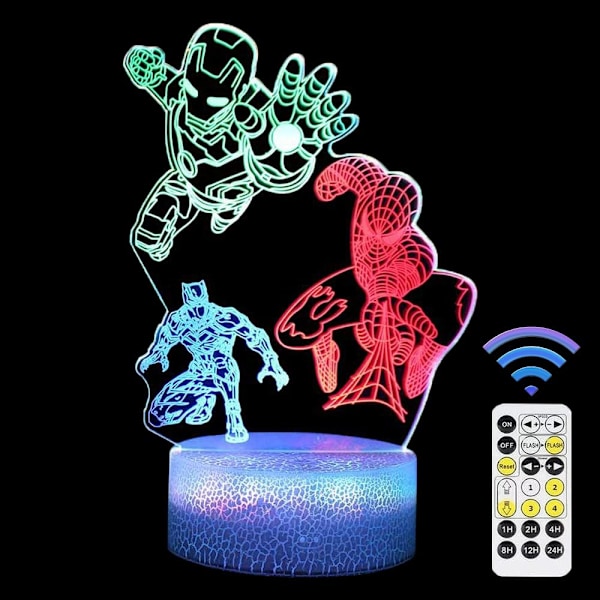 Spiderman-legetøj til drenge, superhelte 3D natlys illusion lampe med timing fjernbetjening smart touch farver skiftende, 3 mønstre