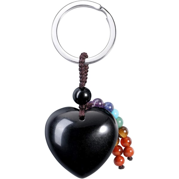 Naturlig sort Obsidian Heart Crystal nøglering 7 Chakra Healing Gemstone Key Ring Charm til kvinder