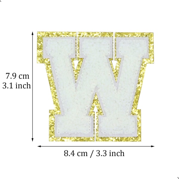 Engelska bokstaven W strykjärnsapplikationer lagningslappar alfabet syapplikationer klädmärken, med guldglitterkant, självhäftande baksida (vit W) WVit