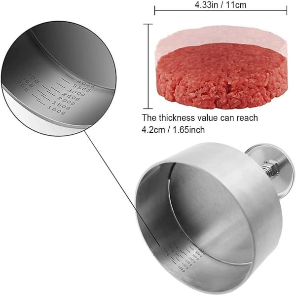 Burgerpresse, 304 rustfrit stål hamburgerbøfpresser, justerbar non-stick bøfform er velegnet til oksekødsburgere (89MM)