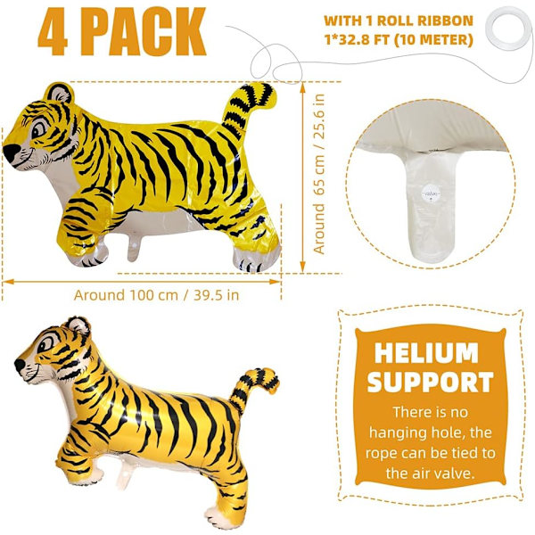 40'' Jumbo Wildlife Jungle Jump Tiger Cartoon Animal Balloner, 4 Pakke Vilde En Safari Zoo Skov Tema Sorte Striber Tiger Aluminium Mylar