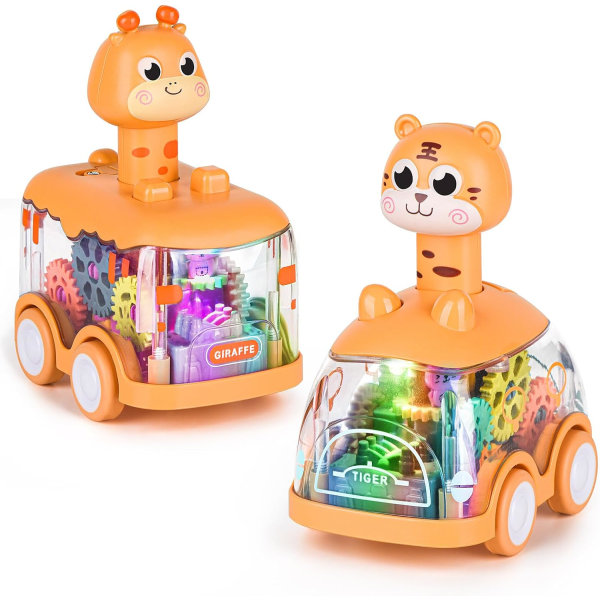 Baby legetøjsbil pressebil til småbørn, lys legetøj fødselsdagsgave til dreng, pige, giraf og tiger