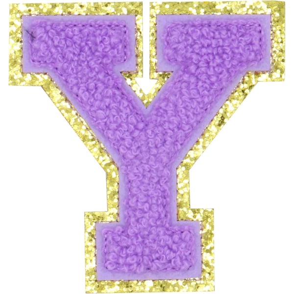 Engelska bokstaven Y Stryk på reparationslappar Alfabetsömnad Applikationer Klädmärken, med guldglitterkant, självhäftande bakdekal（Lila Y）YLila