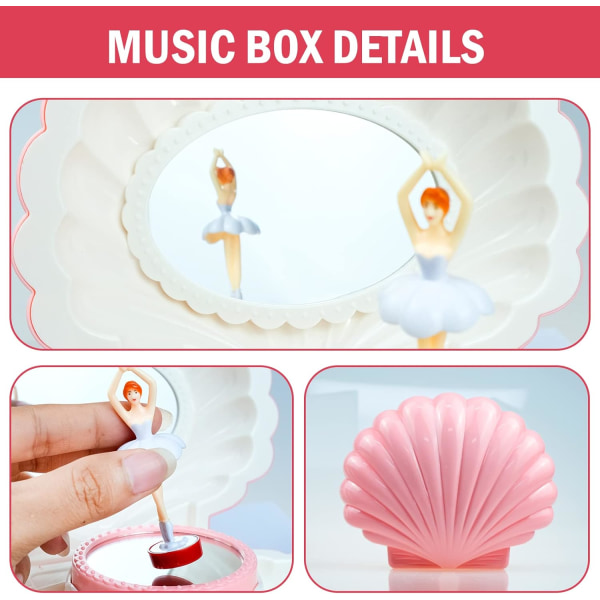 Shell Ballerina Musical Box, Pink Wind Up Musical Box for Girl Bursdagsgave, Classic Retro Melody, Trinket smykkeskrin med speil