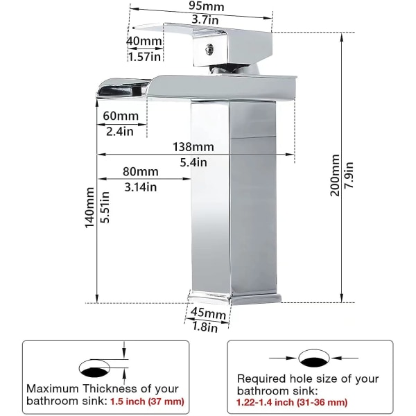 Modern vattenfall badrumskran, krom vattenfall tvättställsblandare, tvättställsblandare 140mm, mässings badrum blandare, kallt & varmt vatten tillgängligt, G 3/8