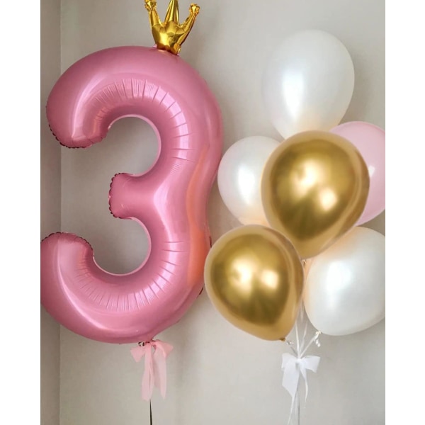 Rosa krona nummer 3 ballong, 40'' stort nummer folieballong med latexballonger, 5-årsdag (Rosa 5)