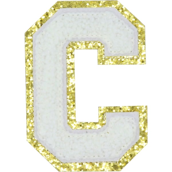 Engelsk bokstav C Stryk på reparasjonslapper Alfabetsøm Applikasjoner Klesmerker, med gullglitterkant, selvklebende klistremerke bak（Hvit C）CWhite
