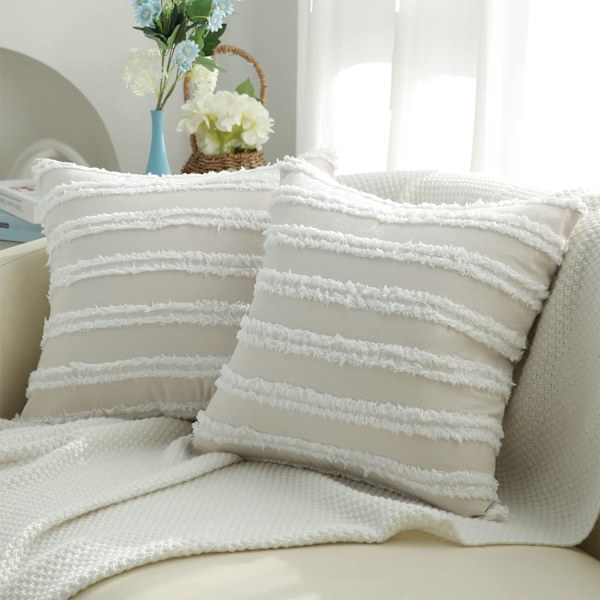 Boho dekorative pudebetræk, neutrale stribede pudebetræk 24X24 sæt af 2, beige bomuldslinned pudebetræk til sofa stue.