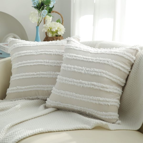 Boho dekorative putetrekk, nøytrale stripete putetrekk 16X16 sett med 2, beige bomullslin putetrekk for sofa stue.