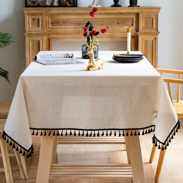 Rustik linneduk med tofsar, dammsäker bordsdukar för kök, matsal, fest, semester, jul, buffé (beige, 55\"x55\")