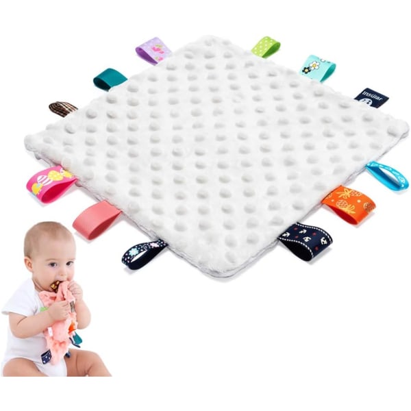 Baby Säkerhetsfiltar - Lugnande plyschfilt för baby med färgglada etiketter, 10"X10" fyrkantiga sensoriska leksaker-grå