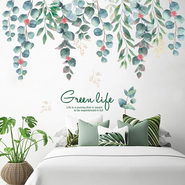 Green Hanging Leaf Wall Decals, Removable Fresh Plant Leaves Flower Vines Wall Stickers, Green Plants Wall Mural