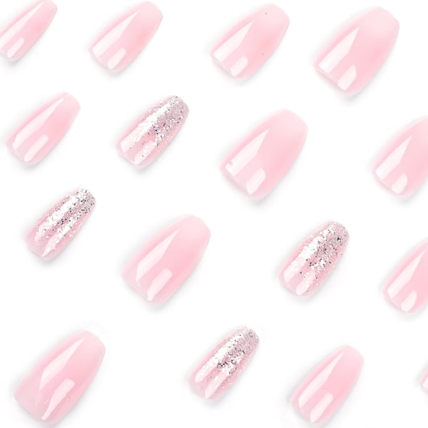 24ps Press on Nails Medium Length Pink Gradient Square Nails with Glitter fake Nails Design Full Cover Stick on Nails Glossy Artificial False Nails