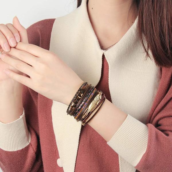 Heyone Dam Läder Manschett Armband Fjäder Multi Strand Armband Wrap Armband Turkos Boho Armband Flätad Läder