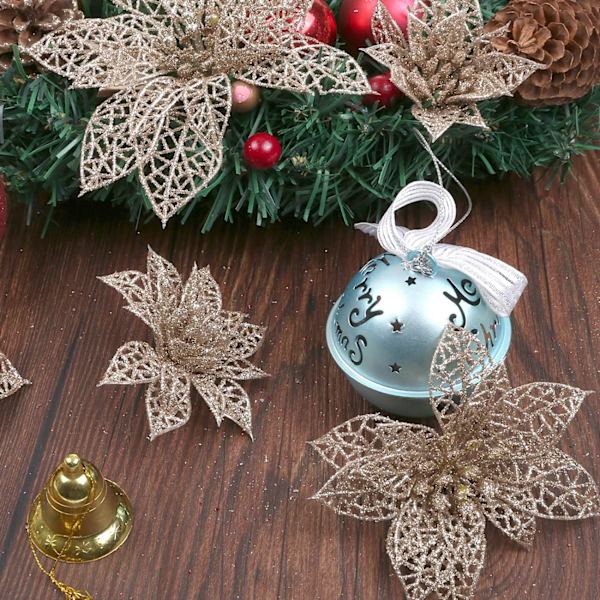Kunstig juleblomst, 24 stk glitterblomsterpynt til juletre, juledekorativt objekt 3 størrelser 8/10/15CM-Champagnefarge