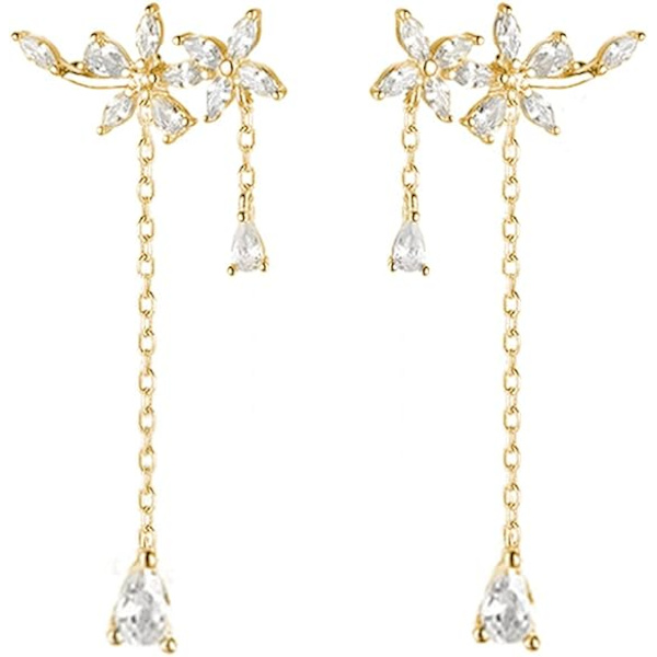 925 Sterling Sølv CZ Blomster Wrap Øreringe Dangle Kæde til Kvinder Piger Elegant Dangling Øreringe
