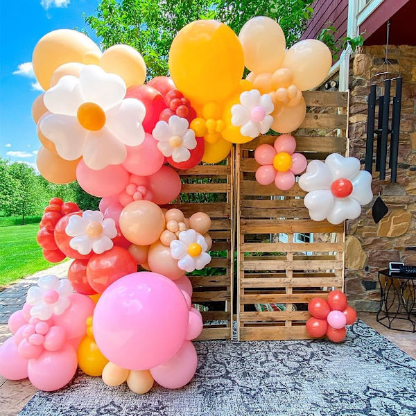 155 stk. Daisy ballonbue guirlande sæt Macaron pink gul retro orange hvid hjerteballoner med blomsterformet blommeclips