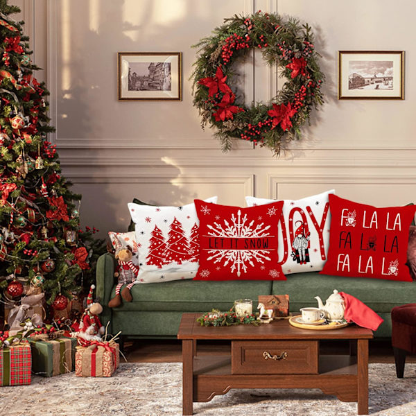 Juleputetrekk 45,72 x 45,72 cm, God jul vinterdekorasjon putetrekk for ferie, til familieromssofadekorasjon (rød)