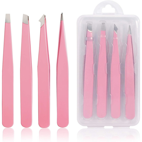 Pinsetsæt 4-delt, Professionelle Pinsetsæt i Rustfrit Stål, Præcisionspincet til Øjenbryn (PINK)