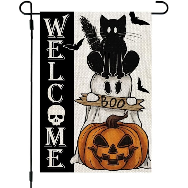 Halloween-aaveinen kissan Boo-puutarhalippu 12x18 tuumaa Pieni kaksisivuinen pellavamainen Tervetuloa Kausiloma Piha Ulkona