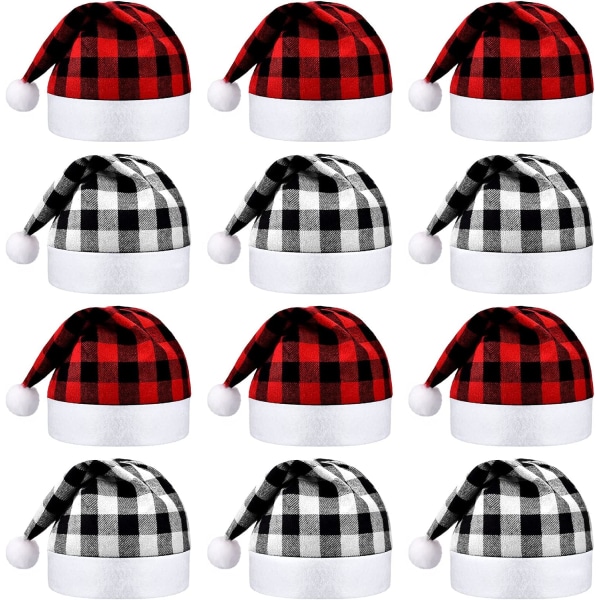 12 stykker jule nissehue Xmas Ikke-vævet stof hat nisse plaid kasket til julefest (rød sort og sort hvid)