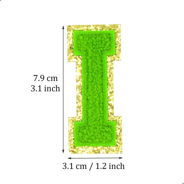 Engelsk bogstav I stryge-på reparationslapper alfabet sy applikationer tøj badges, med guld glitter kant（Grøn I）IGrøn