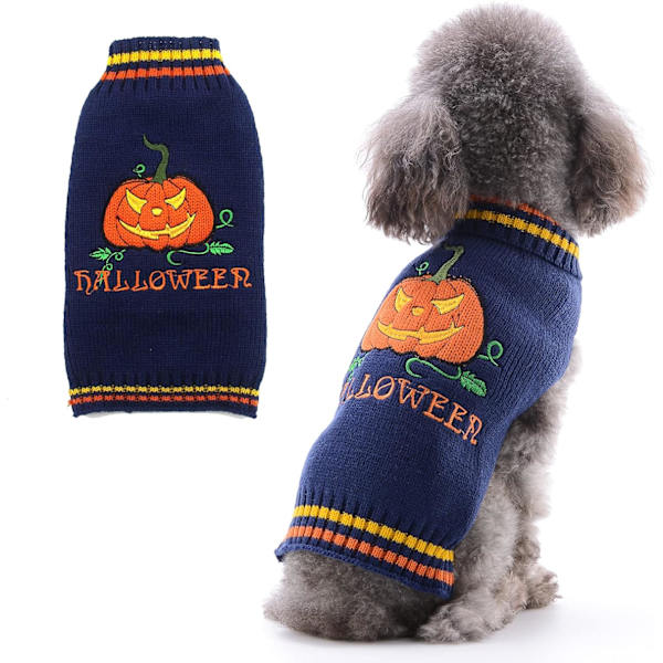 Hund Halloween Sweater Efterår Vinter Turtleneck Strik Varme Hvalp Tøj Outfits Ferie Sjov Græskar Kæledyr Kostumer  (M, Navy Blue)