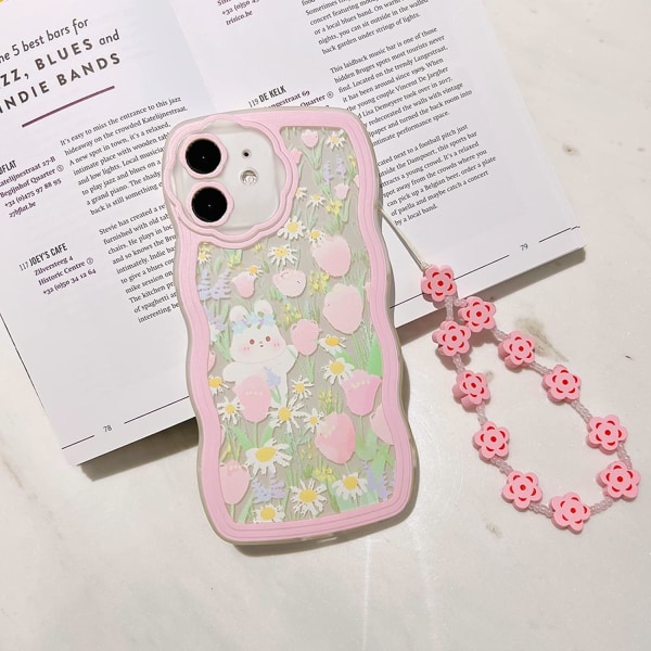 Kompatibel med iPhone 12 Etui til kvinder og piger, sødt klart tegneserie blomsterkanin med hjerteperler - Blomsterkanin2