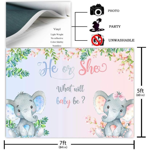 COMOPHOTO Elephant Gender Reveal Backdrop Pink or Blue Flowers Baby Shower Photography Background He or She Gender Reveal  (7x5ft)