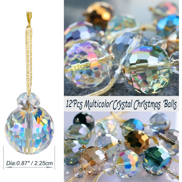 12 stycken flerfärgade kristallglas julkulor, 2,2 cm mini färgglada prisma boll julgransdekoration, festdekoration (flerfärgad)