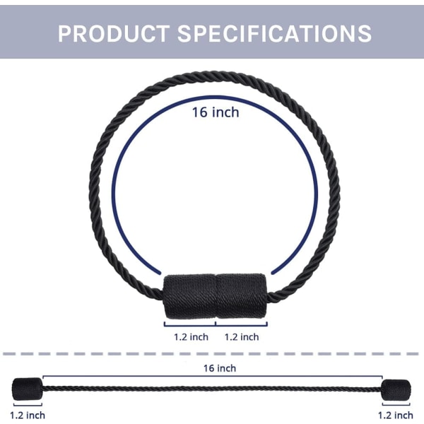 Paket 16 tums magnetiska gardinbindningar Handgjorda sidolep för hem- och kontorsgardiner (svart)