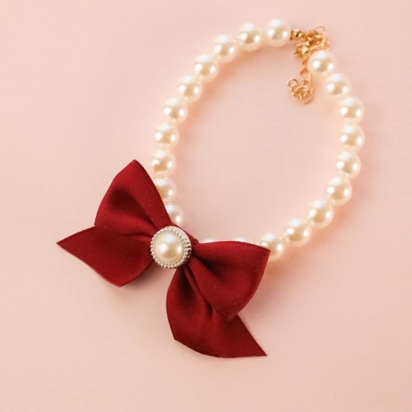 Small Dog Pearl Necklace with Bow, Jewelry Dress Up Pet Decorative Dog Leash Necklace, Pet Collars Kitten Dog Bell Necklace(S 20-26cm-Red)