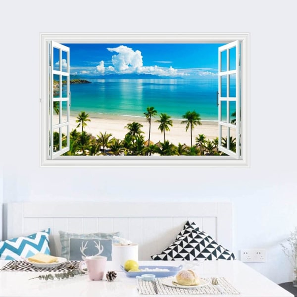 KATEA Fake Windows Wall Sticker, Removable 3D Beach Seascape Faux Windows Wall Decals for Bedroom Living Room Decoration,27.5"x18" - -