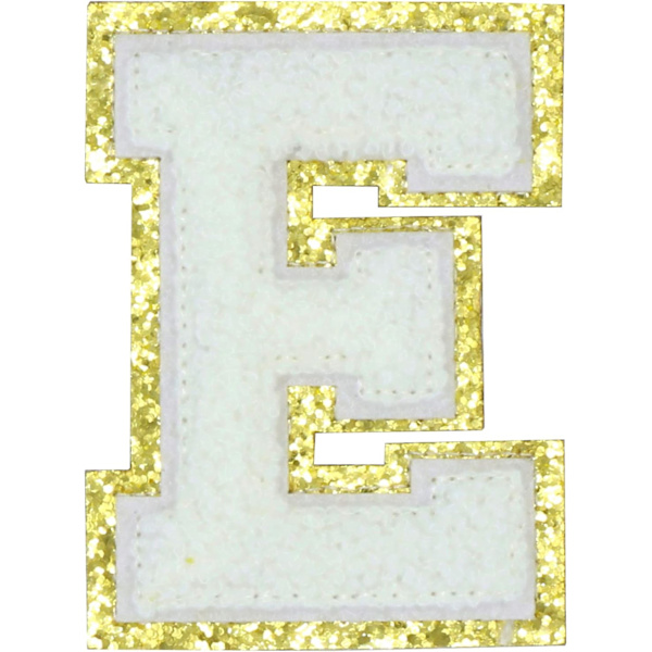 Engelsk bogstav E stryge på reparationsplaster alfabet sy applikationer tøj badges, med guld glitter kant, klæbende bagside klistermærke（Hvid E）Hvid