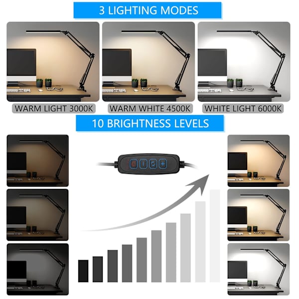 LED-skrivebordslampe, svingarm-skrivebordslampe med klemme, 3 lysstyrke- og 10 lysstyrkemodus for øyevern, hjemme- og kontorleselampe med 360° rotasjon