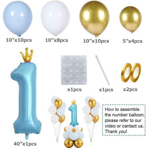 Blå krona nummer 1 ballong, 40'' stort nummer folieballong med latexballonger, 1:a födelsedag (blå 1)