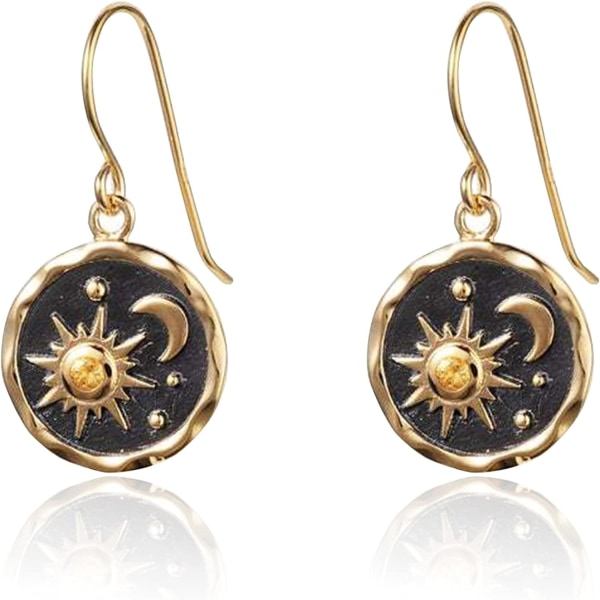 Retro Boho Sun and Moon Drop Dingle Örhängen Unika lätta handgjorda antika guldsilver Runda mynt Örhängen för kvinnor Flickor Smycken
