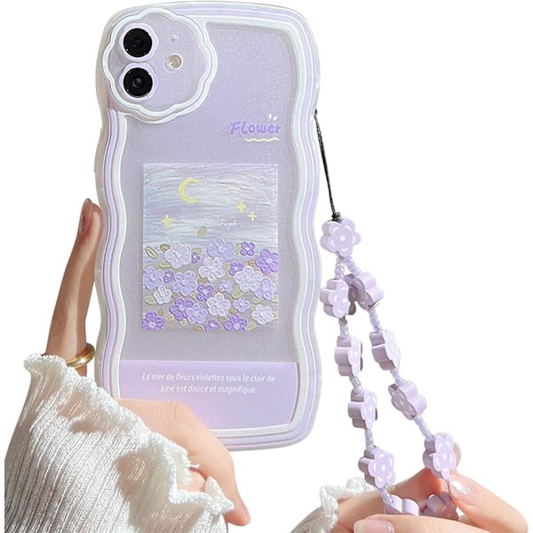 Kompatibel med iPhone 11 Skal med Söt Lila Blommig Mönster Design Estetisk Kvinnor Tonårsflickor Blomlins Skydd + Kedja-Blomma