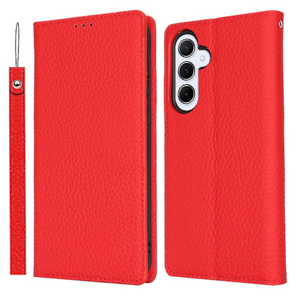 För Samsung Galaxy S24 FE Skal Litchi Textur Äkta Läder Telefonfodral med Rem Red