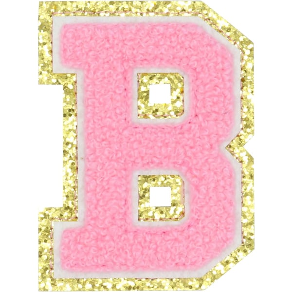Letter Patch Large， Engelska bokstav B Stryk på reparationslappar Alfabetsömnad Applikationer Klädmärken, med guld（Rosa B）BPink